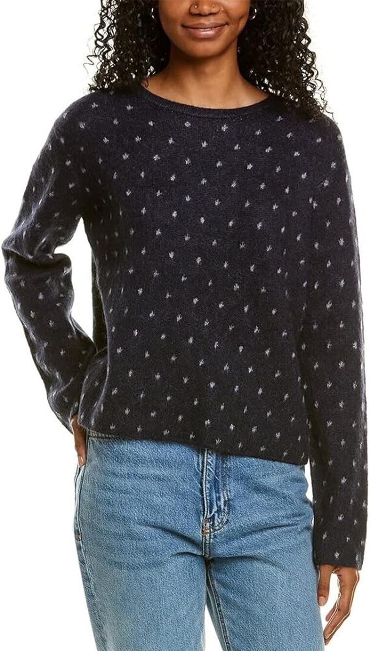 Vince Womens Starry Dot Jacquard Mohair Alpaca-Blend Sweater Navy Blue Large